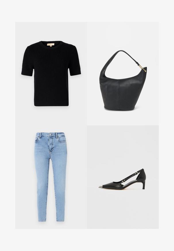 Svart strikket kortermet genser med rund halsutskjæring. Har ribbestruktur og rett avslutning. Etikett på innsiden av kragen.; Lys blå, høytlivsjeans med smal passform. Laget av denim med en subtil tekstur, med en lukking foran med knapp og baklommer.; Sort skinn kittenhel med spiss sølv tåhette og doble spenne-stropper på hvit bakgrunn.; Svart lærveske med en rund form, bred stropp og strukturert overflate. Har en subtil sømdetalj og gullfarget beslag.