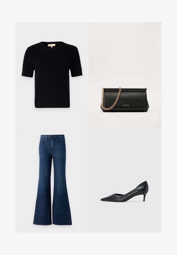 Must värvitud lühikeste varrukatega sviiter ümmarguse kaelusega. Omab ribatekstiili ja sirget lõiget. Sildiga sise-kaeluses.; Tumedatest sinistest kõrge vöökohaga laienevad teksad esisegna, tõmbluku ja viie-tasku disainiga valgel taustal.; Mustast nahast kontsakinga terava ninaga ja madala kontsaga. Omadused on sile pind ja peen läige. Esiosal on avatud lõige, mis lisab detaili.; Mustast nahast klamberkott kuldse kettrihmaga, millel on sile tekstuur, ristkülikuline kuju ja esiküljel reljeefne brändingu märk.