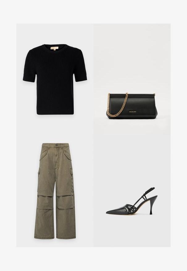 Zwarte gebreide korte mouwen trui met een ronde halslijn. Beschikt over een geribbelde textuur en een rechte zoom. Etiket op de binnenkant van de kraag.; Khaki cargobroek van katoen, met een wijdvallende stijl, meerdere zakken en gestikte details. Geschikt voor casual wear.; Zwarte leren hoge hak slingback schoen met spitse neus, crisscross bandontwerp en slanke stilettohak. Smooth textuur en minimale accenten.; Zwarte leren clutch tas met een gouden kettinghengsel, voorzien van een gladde textuur, rechthoekige vorm en reliëfmerk op de voorkant.