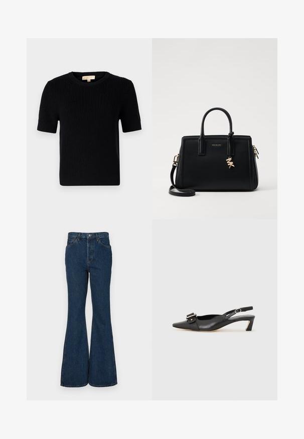 Melnas adītas īsām piedurknēm džemperis ar apaļu kakla izgriezumu. Iekšpusē ir ribota struktūra un taisna apakšmalu. Etiķete iekšējā apkaklē.; Tumši zili platā kāju džinsi, izgatavoti no džinsa auduma. Iezīmēta augsta josta, piecas kabatas un kontrastējoši šuvumi. Gluda virsma un tīrs apdare.; Melnas ādas siksnu kurpes ar smailu pirkstu, nelielu papēdi un dekoratīvu sprādzi augšdaļā. Gluda tekstūra, minimālistisks dizains.; Melnas ādas rokas soma ar strukturētu dizainu, dubultiem augšējiem rokturiem, noņemamu plecu siksnu, zelta aparatūru un logo piekariņu akcentu.