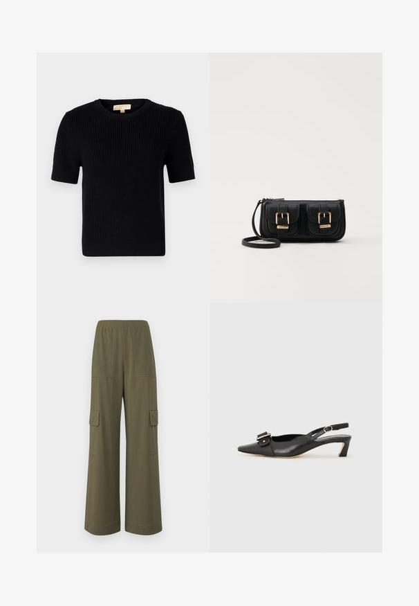 Zwarte gebreide korte mouwen trui met een ronde halslijn. Beschikt over een geribbelde textuur en een rechte zoom. Etiket op de binnenkant van de kraag.; Brede cargobroek in olijfgroen, gemaakt van ademend materiaal, met zijzakken en een relaxte pasvorm met een platte tailleband.; Zwarte leren slingback schoen met scherpe neus, kleine hak en decoratieve gespdetails op de bovenkant. Stijlvolle textuur, minimalistisch ontwerp.; Zwarte leren schoudertas met twee vo pockets, gouden gespen, ritsluiting en een smalle band. Tekstuur oppervlak en compacte rechthoekige vorm.
