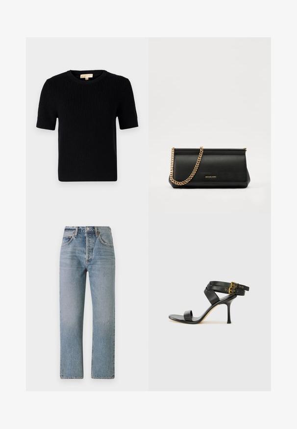 Svart strikket kortermet genser med rund halsutskjæring. Har ribbestruktur og rett avslutning. Etikett på innsiden av kragen.; Lyseblå denimjeans med rett passform, høy midje og klassisk fem-lommers design. Har subtil falming og glidelås.; Svarte hælsandaler med kryssende stropper og justerbar spenne. Har en jevn tekstur og avsmalnende stilettoklakk.; Svart skinnkuvertveske med en gullkjede-rem, med en glatt tekstur, rektangulær form og preget merkevare på forsiden.