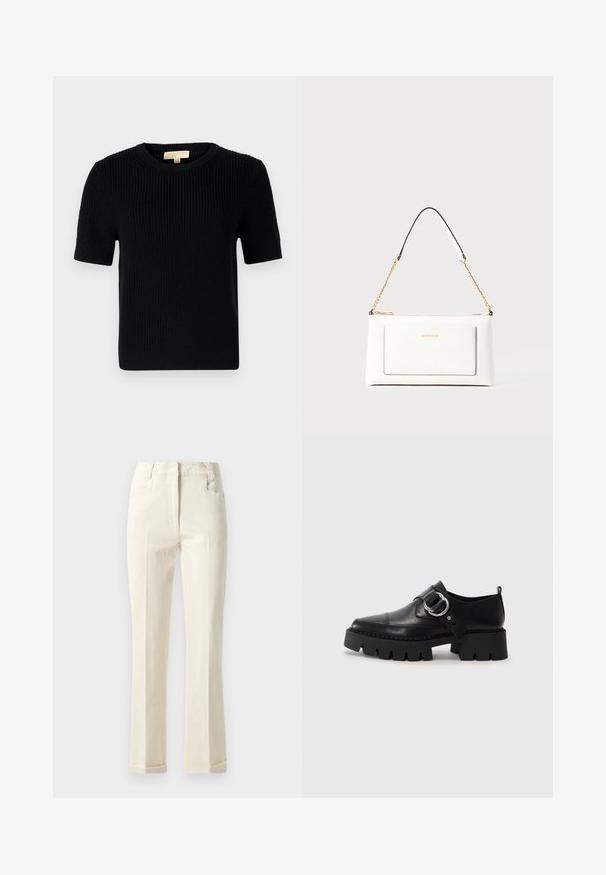 Black knitted short-sleeve sweater with a round neckline. Features a ribbed texture and a straight-cut hemline. Label on the inside collar.; Beige straight-leg pants made from cotton blend fabric, featuring a mid-rise waist, front pockets, and subtle texture on the surface.; Black leather shoes with a chunky, ribbed sole, featuring a circular silver hardware accent and minimal stitching detail.; White leather handbag with a textured finish, featuring a gold chain strap and black accents. Includes a front pocket and zipper closure.