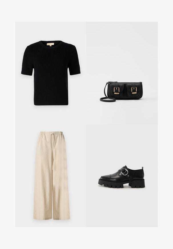 Černý pletený svetr s krátkým rukávem a kulatým výstřihem. Má odřenou texturu a rovný lem. Štítek na vnitřní straně límce.; Světlé béžové kalhoty s širokými nohavicemi vyrobené z měkké tkaniny, s vertikálními pruhy a elastickým pasem s detailem na stažení pomocí tkaničky.; Černé kožené boty s robustní ribkovanou podešví, zdobené kruhovým stříbrným kovovým prvkem a minimálním švem.; Černá kožená crossbody taška se dvěma předními kapsami, zlatými přezkami, zipovým uzávěrem a štíhlým popruhem. Texturovaný povrch a kompaktní obdélníkový tvar.
