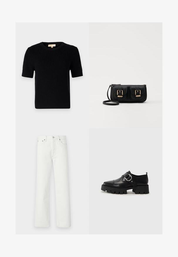 Mustapuhainen lyhythihainen neulepaita, jossa on pyöreä pääntie. Ominaisuuksina ribbikuviointi ja suorana leikattu helma. Tunnistesignaali sisäkauluksessa.; Valkoiset farkut, joissa on suora lahje, viisi taskua ja metalliset yksityiskohdat vyötäröllä ja taskuissa.; Musta nahkakengät, joissa on paksu, uurrettu pohja, ja pyöreä hopeanvärinen koriste sekä minimaalinen ompelu.; Musta nahkainen olkalaukku, jossa on kaksi etutaskua, kultaiset soljet, vetoketjukiinnitys ja kapea hihna. Teksturoidun pinnan ja kompaktin suorakaiteen muoto.