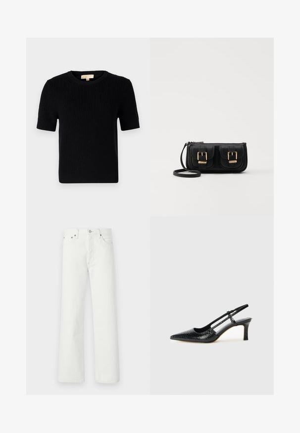 Must värvitud lühikeste varrukatega sviiter ümmarguse kaelusega. Omab ribatekstiili ja sirget lõiget. Sildiga sise-kaeluses.; Valged jeanid sirge jala lõikega, viie tasku kujundusega ning metallist detailidega vööl ja taskutel.; Mustmust paelad, millel on terav varvas, tekstuuriga maduprindiga, reguleeritav rihm ja lühike tekstuuriga plokknina.; Must küllastamata nahast õlakott, millel on kaks esist nähtavat taskut, kuldsed pandlad, tõmblukuga sulgemine ja peen rihm. Tekstuuriga pind ja kompaktne ristkülikukujuline kuju.