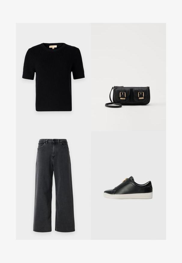 Czarny, dziany sweter z krótkim rękawem o okrągłym dekolcie. Posiada ribbowaną strukturę i prostą linię dołu. Metka na wewnętrznym kołnierzyku.; Czarne dżinsy typu wide-leg z przodem zapinanym na guzik i zamek, z paskiem szlufek i kieszeniami z przodu na plain białym tle.; Czarne skórzane pantofle wsuwane z podniesionym szwem, srebrnym detalem w górnej części oraz białą gumową podeszwą z wytłoczonym logo.; Czarna skórzana torba na ramię z dwoma przednimi kieszeniami, złotymi klamrami, zamkiem błyskawicznym i cienkim paskiem. Teksturowana powierzchnia i kompaktowy prostokątny kształt.