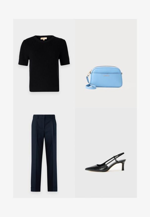 Zwarte gebreide korte mouwen trui met een ronde halslijn. Beschikt over een geribbelde textuur en een rechte zoom. Etiket op de binnenkant van de kraag.; Marineblauwe op maat gemaakte broeken met een soepele textuur, voorzien van een platte voorkant, dubbele plooien en manchet bij de enkels.; Zwart patent slingback hak met een spitse neus, voorzien van een gestructureerde slangenprint, verstelbare band en een korte, gestructureerde blokhak.; Lichtblauwe leren crossbody tas met goudkleurige hardware, ritsluiting en een voorvak. Voorzien van een verstelbare schouderband voor gemak.
