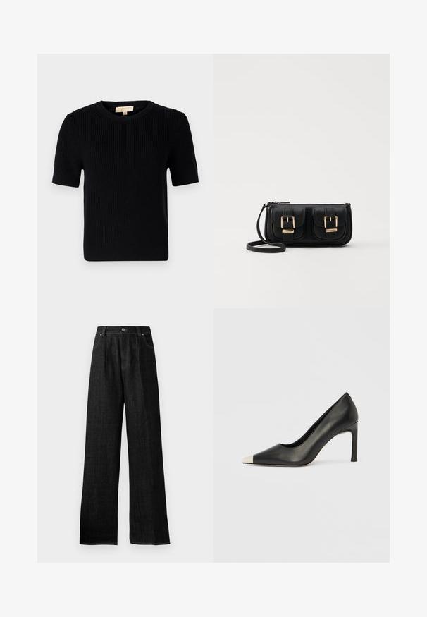 Pulover scurt, din tricot negru, cu mânecă scurtă și guler rotund. Dispune de o textură dantelată și un tiv tăiat drept. Etichetă pe gulerul interior.; Pantaloni din denim negri, cu croi larg, talie înaltă, dotati cu cusături tonale, închidere cu buton în față și două buzunare laterale.; Pantof cu toc înalt din piele neagră, cu vârf ascuțit și un capac metalic argintiu. Are un finisaj neted și un toc subțire de 10 cm.; Geantă neagră din piele, tip crossbody, cu două buzunare frontale, catarame aurii, închidere cu fermoar și o curea subțire. Suprafață texturată și formă rectangulară compactă.