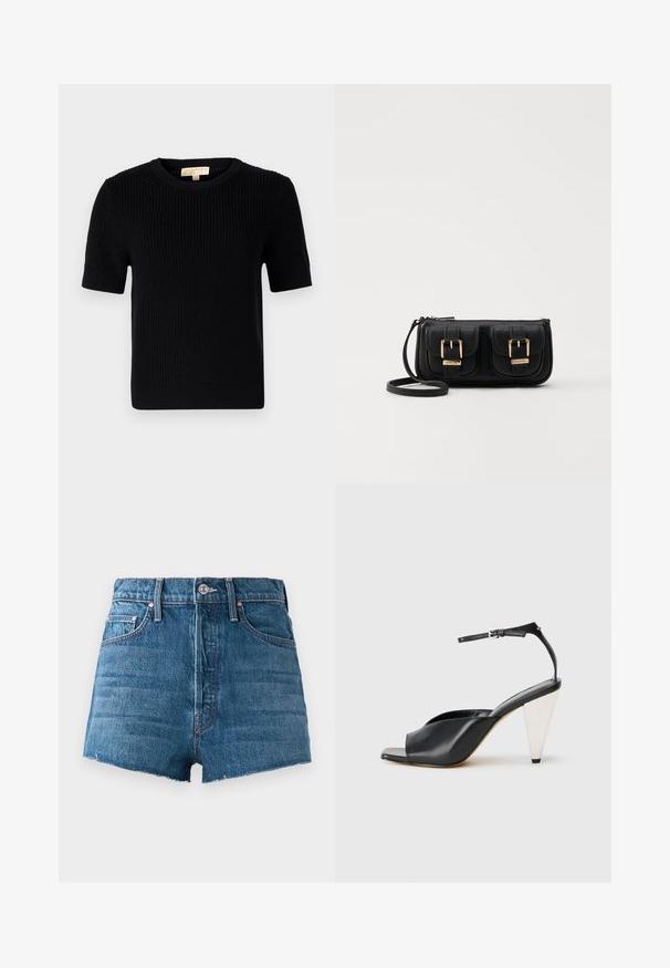 Svart strikket kortermet genser med rund halsutskjæring. Har ribbestruktur og rett avslutning. Etikett på innsiden av kragen.; Blå denim høytlivsbukser med frontknapp, beltesløyfer, fem-lommers design og råskåret kantdetalj på en ensfarget bakgrunn.; Svart lær høyhælte sandaler med åpen tå, asymmetrisk design, ankelstropp og en metallisk kjegleformet hæl. Glatt tekstur hele veien.; Svart skinn crossbody veske med to frontlommer, gyldne spenner, glidelåslukking og en slank stropp. Teksturert overflate og kompakt rektangulær form.