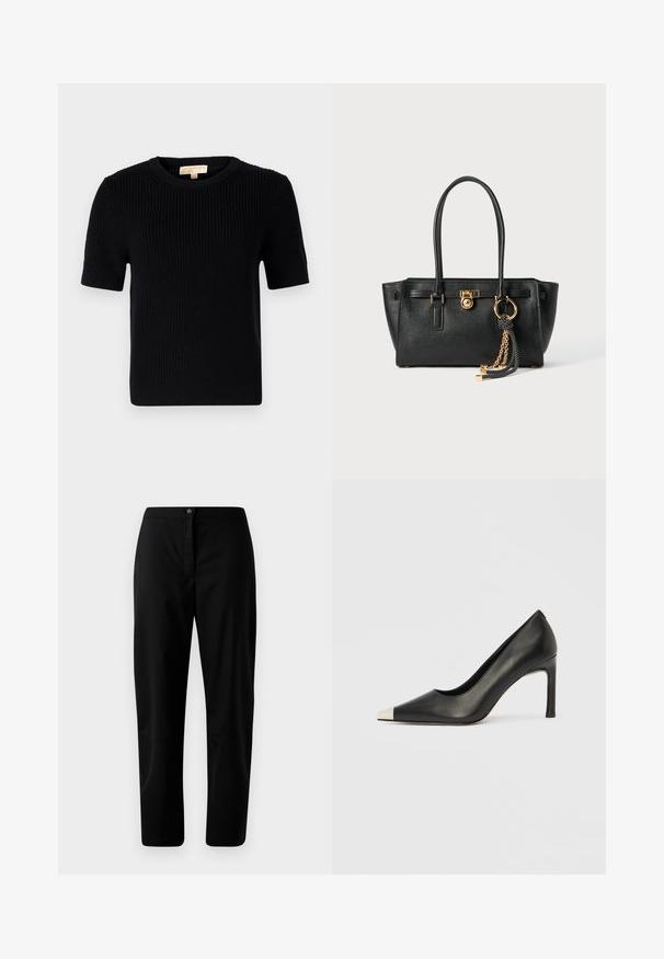 Czarny, dziany sweter z krótkim rękawem o okrągłym dekolcie. Posiada ribbowaną strukturę i prostą linię dołu. Metka na wewnętrznym kołnierzyku.; Czarne spodnie o prostych nogawkach z zapięciem na guzik i zamek błyskawiczny, gładki materiał i minimalne detale na jednolitym jasnym tle.; Czarny skórzany but na wysokim obcasie z ostrym noskiem i metaliczną srebrną nasadką. Posiada gładkie wykończenie i smukły obcas o wysokości 10 cm.; Czarna skórzana torebka na podwójnych uchwytach, ze złotym zamkiem i łańcuszkiem, a także czarno-białym ozdobnym frędzlem na białym tle.