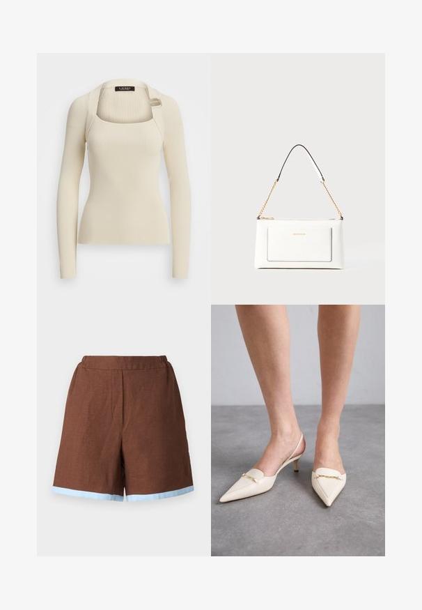 Kremfarget ribbestrikket langermet topp med firkantet utringning og justerbar spenne-strap detalj på høyre skulder.; Brune linshorts med elastisk midje, med en lys blå kant. Designet er tilpasset med siden lommer og rett snitt.; Kremfargede, spisse slingback-hæler med en slank midt-hæl, med en gylden kjedeakcent på den fremre delen og glatt lærtekstur.; Hvit lærveske med teksturert overflate, utstyrt med gullkjede for å bære over skulderen og svarte detaljer. Inkluderer en frontlomme og glidelås.