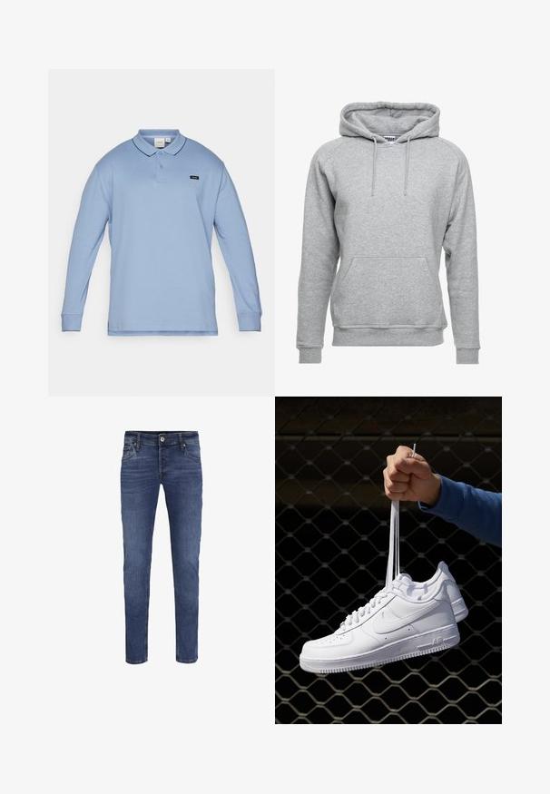 Szürke kapucnis pulóver, puha pamut anyagból készült, elülső zsebbel, állítható húzózsinórral, valamint bordázott mandzsettákkal és alsó szegéllyel.; Calvin Klein STRETCH - Hosszú ujjú felső - troposhere; Férfi slim-fit kék farmernadrág gombbal és cipzárral záródik, elülső és hátsó zsebekkel, finom kopás részletekkel.; Fehér bőr sportcipők perforációval, kerek orral, lapos talppal és vastag fűzőkkel, látható swoosh logóval és "AIR" felirattal a sarokrészen.