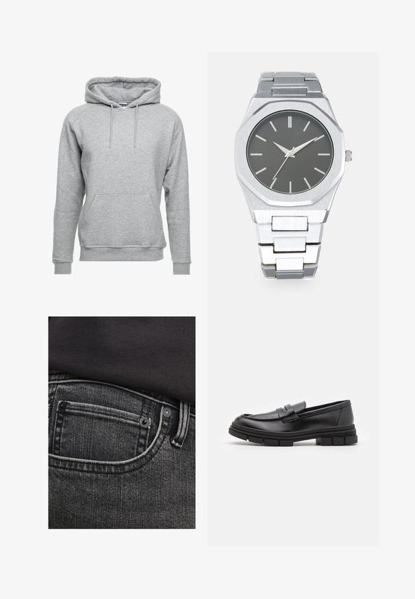 Hallide hallukk, mis on valmistatud pehmest puuvillast, esiküljel on tasku, reguleeritavad nöörid ning soonikuäärised varrukatel ja allääres.; Tumedat hallid denim teksad, millel on ülemine tasku, kontrastne õmblus ja metallnõelad. Tekstuur näeb välja veidi kulunud, vertikaalsete joontega.; Mustad musta naha sussid sujuva viimistlusega, esiosal rihmaga detail ning paksu kummitaldaga, mis on kaunistatud soontega.; Hõbedane analoogkell, millel on oktagonaalne korpus, hall kelladial, hõbedased näidikud ja roostevabast terasest link-rihm. Minimalistlik disain sujuva tekstuuriga.