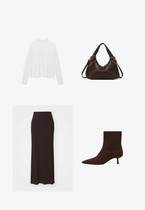 White long-sleeve top with a high neckline. Soft fabric, relaxed fit, and side slits. Smooth texture without patterns or embellishments.; Long black skirt made of a soft stretch material, featuring a fitted waist and a simple, streamlined design without additional accents or patterns.; Brown suede ankle boot with a pointed toe and a slender kitten heel. Smooth surface, seamless design, and understated silhouette.; Dark brown leather shoulder bag with woven texture, featuring dual handles and a detachable adjustable crossbody strap.