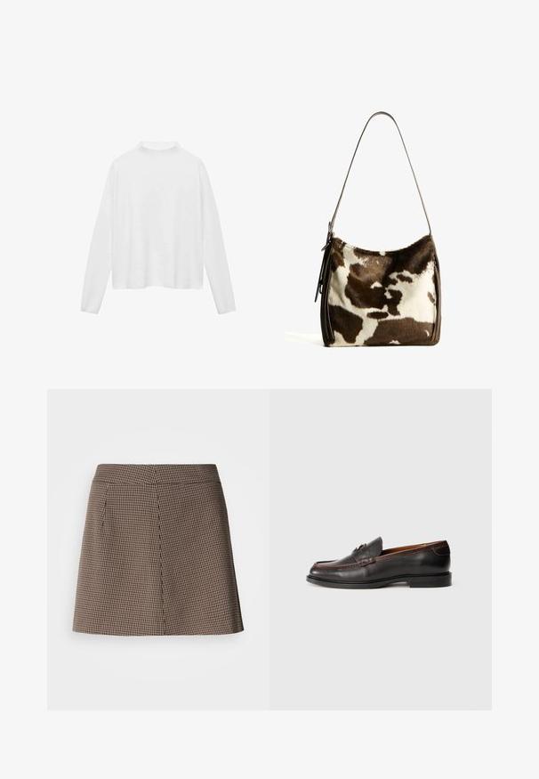 Biely dlhý rukáv s vysokým golierom. Mäkká tkanina, voľný strih a bočné rozparky. Hladká textúra bez vzorov alebo ozdôb.; Hnedá a čierna houndstooth vzorovaná mini sukňa so štíhlym strihom a detailmi predného švu na bielom pozadí.; Čierne kožené mokasíny s hladkým povrchom, zaoblenou špičkou a prešívanými detailami. Majú nízky opätok a minimalistický dizajn.; Hnedo-krémová kravská koža cez plece s hladkým koženým remienkom, zipsovým uzáverom a mäkkým, textúrovaným povrchom s prírodným vzorom.
