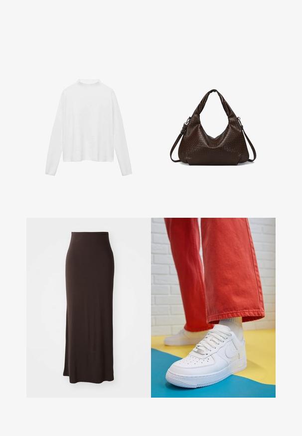 Haut à manches longues blanc avec un col montant. Tissu doux, coupe décontractée et fentes sur les côtés. Texture lisse sans motifs ni ornements.; Jupe longue et ajustée de couleur marron, fabriquée dans un tissu lisse et extensible, dotée d'une taille haute et d'une fente sur le côté, offrant une silhouette élégante.; Baskets blanches en cuir avec une boîte à orteils perforée, semelle texturée et lacets blancs, associées à un large pantalon rouge et un fond bleu et jaune.; Sacoche en cuir marron foncé avec texture tissée, dotée de poignées doubles et d'une bandoulière en cuir amovible et réglable.