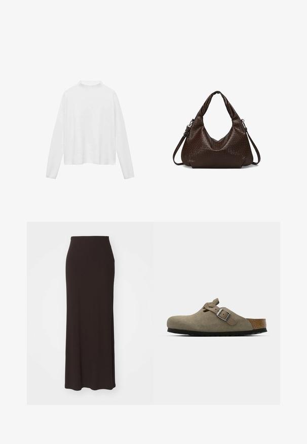 Biely dlhý rukáv s vysokým golierom. Mäkká tkanina, voľný strih a bočné rozparky. Hladká textúra bez vzorov alebo ozdôb.; Dlhá čierna sukňa vyrobená z mäkkého elastického materiálu, s priliehavým pásom a jednoduchým, hladkým dizajnom bez ďalších akcentov alebo vzorov.; Semšové dreváky v svetlej olivovej farbe s tvarovanou korkovo-gumenou podrážkou. Obsahujú bočný remienok s kovovou prackou a zaoblenú špičku.; Tmavohnedá kožená taška na rameno s tkanou textúrou, so zarovnanými dvoma madlami a odnímateľným nastaviteľným popruhom na kríž.