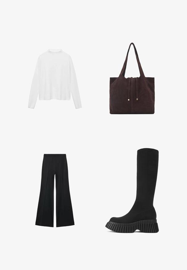 Biała góra na długim rękawie z wysokim dekoltem. Miękka tkanina, luźny krój oraz boczne rozcięcia. Gładka tekstura bez wzorów czy ozdób.; Czarne spodnie o szerokich nogawkach z gładką teksturą, z przodu ozdobione zakładkami i skrojonym fasonem. Materiał jest lekki i zwiewny.; Czarne botki do kolan z żebrowaną podeszwą i teksturowanym wierzchem. Smukły, dopasowany fason z zaokrąglonym noskiem i bez widocznych elementów metalowych.; Mango - Torba na zakupy