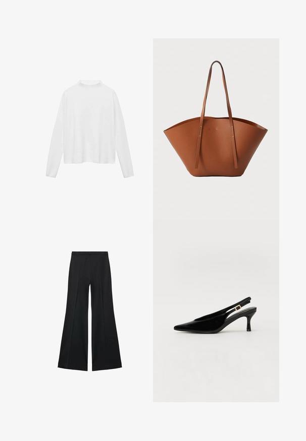 Biely dlhý rukáv s vysokým golierom. Mäkká tkanina, voľný strih a bočné rozparky. Hladká textúra bez vzorov alebo ozdôb.; Čierne široké nohavice s hladkou textúrou, s prednými záhybmi a elegantným strihom. Materiál je ľahký a pruhlý.; Čierne lakované kožené slingback lodičky s špicatou špičkou, nízkym opätkom a zlatým prackovým detailom na remienku. Hladká textura a elegantný dizajn.; Hnedá kožená taška na rameno s širokým, štruktúrovaným tvarom, tenkými popruhmi a textúrovaným povrchom. Displej minimalistického dizajnu bez viditeľného hardvéru.
