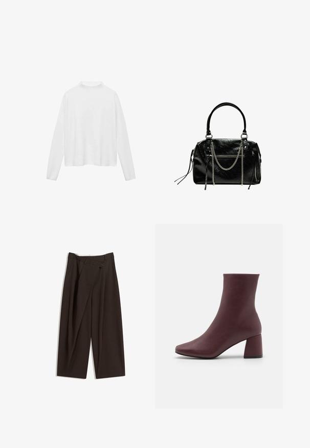 Top alb cu maneci lungi si guler inalt. Tesatura moale, croiala lejera si slituri laterale. Textura neteda, fara modele sau accesorii.; Pantaloni largi de culoare maron închis, cu talie înaltă, având închiere cu un singur nasture și un față pliată. Confectionați dintr-un material ușor.; ONLY SHOES ONLBRIELLE - Botine - dark red; Bershka WITH CHAIN - Geantă de mână - black