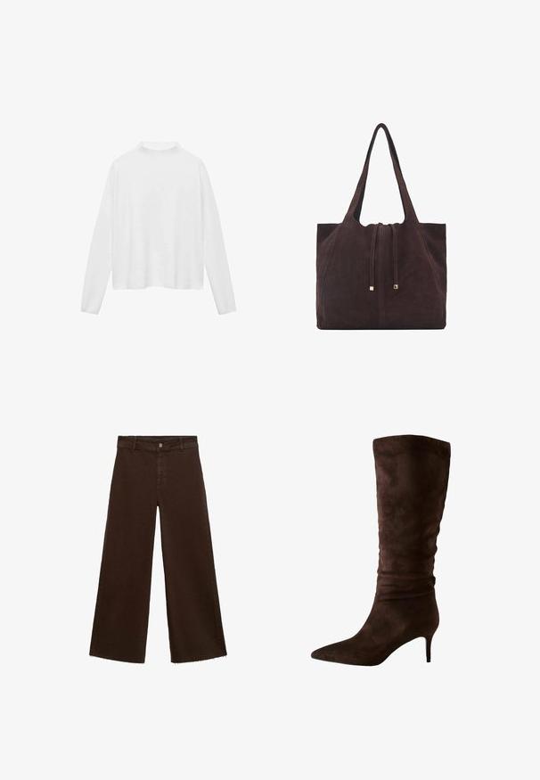 White long-sleeve top with a high neckline. Soft fabric, relaxed fit, and side slits. Smooth texture without patterns or embellishments.; Brown wide-leg trousers in cotton blend, featuring a frayed hem, front button closure, and classic five-pocket design. Minimalistic and versatile.; Brown suede knee-high boot with a pointed toe and a slim heel. The design features a gathered texture near the top for added detail.; Mango Tote bag - dark brown
