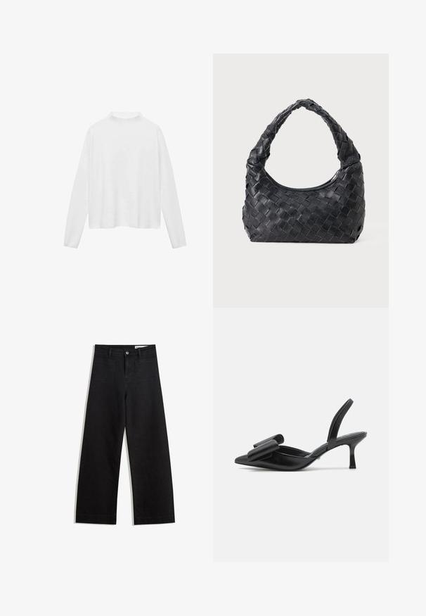 Biely dlhý rukáv s vysokým golierom. Mäkká tkanina, voľný strih a bočné rozparky. Hladká textúra bez vzorov alebo ozdôb.; Čierne denimové nohavice s širokými nohavicami a vysokým pásom, so prednými a zadnými vreckami, šitými švami a zapínaním na gombík. Hladká textúra.; Čierne lodenky s vysokým podpätkom, s špicatou špičkou, lesklý kožený materiál a veľký mašľový detail na prednej strane.; Čierna kožená pletená ramenná taška s okrúhlou rukoväťou a telom v tvare polmesiaca na jednofarebnom pozadí.