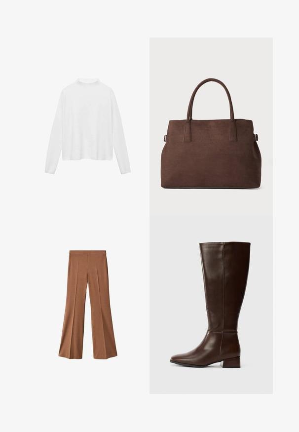 Witte langslavige top met een hoge hals. Zachte stof, relaxte pasvorm en zijsplitten. Glad oppervlak zonder patronen of versieringen.; Bruine wijde broek met een soepele textuur, voorzien van een hoge taille, twee plooien aan de voorkant en een rechte snit tot aan de zoom.; Hoge, donkerbruine leren laars met een lage blokhak en een gladde afwerking, zijaanzicht op een witte achtergrond.; Bruine neplederen tote bag met twee stevige handvatten, een gestructureerde vorm en een minimalistisch ontwerp, met subtiele stikselaccenten.