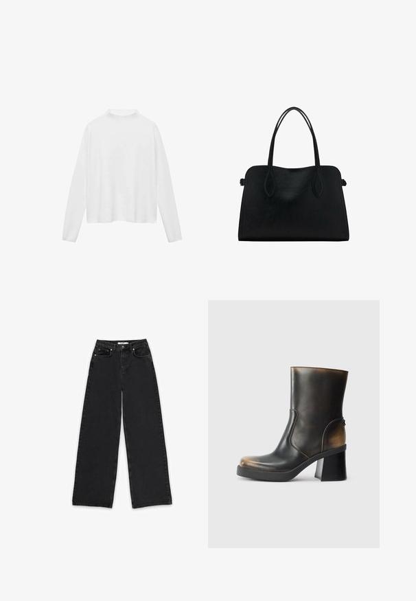 Valkoinen pitkähihaista paita, jossa on korkea kaula-aukko. Pehmeä kangas, rento istuvuus ja sivuaukoja. Sujuva pinta ilman kuvioita tai koristuksia.; Musta leveälahkeinen farkut, jotka on valmistettu denimiä, joissa on korkea vyötärö, kaksi etutaskua ja nappisulku vetoketjulla.; Musta nahkasaapas nilkkapituisena, kiiltävällä pinnalla, pyöreällä kärjellä, kontrastivärisin tan-sävyin, tukevalla korokkeella ja sivuvetoketjuyksityiskohdalla.; Mustavihreä nahkalaukku, jossa on kaksinkertaiset olkahihnat, suorakaiteen muotoinen ja minimalistinen muotoilu valkoisella taustalla.