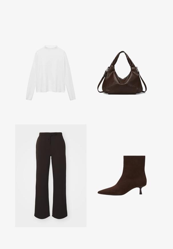 Biely dlhý rukáv s vysokým golierom. Mäkká tkanina, voľný strih a bočné rozparky. Hladká textúra bez vzorov alebo ozdôb.; Gina Tricot ICONIC - Tepláky - dark brown; Hnedá semišová členková čižma s špicatou špičkou a tenkým nízkym opätkom. Hladký povrch, bezšvový dizajn a nenápadný silueta.; Tmavohnedá kožená taška na rameno s tkanou textúrou, so zarovnanými dvoma madlami a odnímateľným nastaviteľným popruhom na kríž.