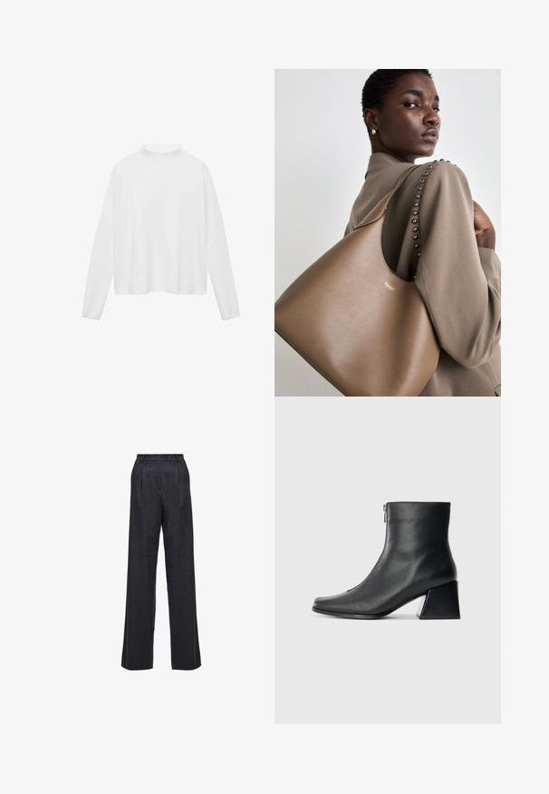 Top alb cu maneci lungi si guler inalt. Tesatura moale, croiala lejera si slituri laterale. Textura neteda, fara modele sau accesorii.; Pantaloni cu picioare largi din țesătură gri închis, având talie înaltă, front pliat și o textură netedă, fără închizători sau ornamentații vizibile.; Botină neagră din piele, cu vârf pătrat, fermoar pe lateral și toc bloc, pe un fundal simplu deschis.; Geantă de mână din piele maro cu o textură netedă, având o siluetă curbată și un logo metalic. Curea are studuri decorative pe o cusătură.