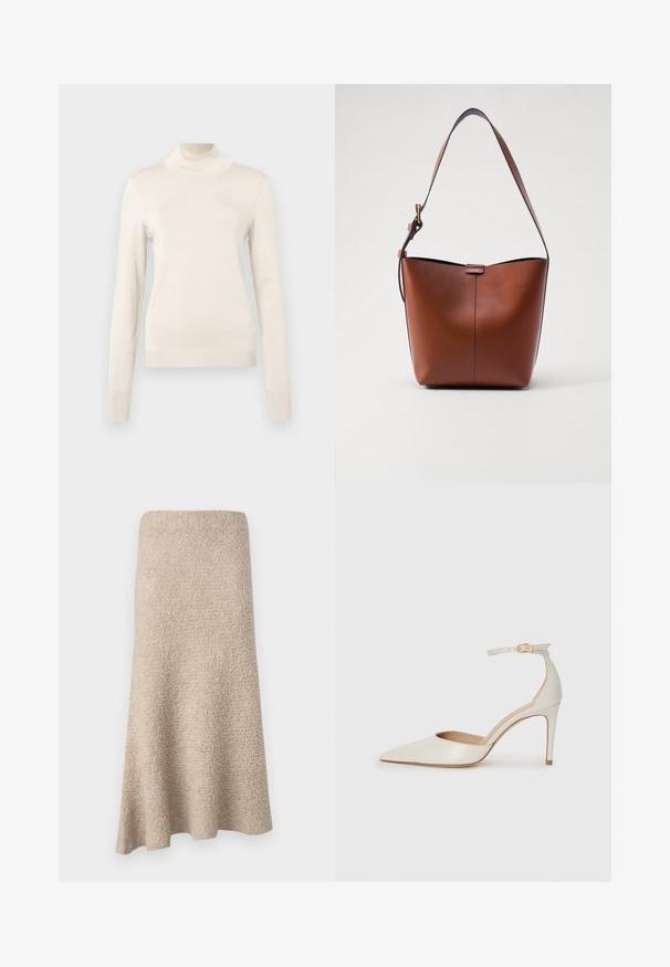 Krémový rolák vyrobený z měkkého pleteného materiálu, s dlouhými rukávy a žebrovanými detaily na krku a manžetách.; Sukně ke kolenům, ve tvaru A, z měkkého béžového materiálu s texturovaným povrchem a bez viditelných zapínání nebo vzorů.; Bílé kožené lodičky na vysokém podpatku s špičatou špičkou, kotníkovým páskem a štíhlým jehlovým podpatkem. Hladká textura s mírným lesklým povrchem.; Hnědá kožená taška přes rameno s zakřiveným tvarem, hladkou texturou a jedním tenkým popruhem. Obsahuje jemný šev a malý detail loga.