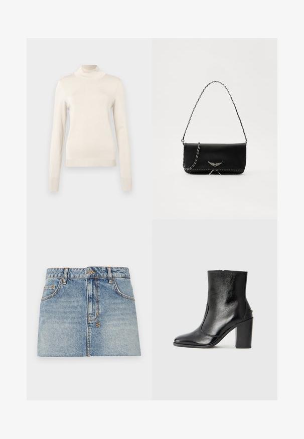 Suéter de gola alta de cor creme, feito de um tecido de malha suave, com mangas longas e detalhes canelados na gola e nos punhos.; Saia mini de ganga azul clara com uma cintura ajustada, fecho frontal com botões e dois bolsos laterais. Apresenta bainhas desfiadas e detalhes de costura em contraste.; Bota ankle preta em pele com uma textura suave, bico fino e um salto alto robusto. Apresenta uma abertura lateral e um design minimalista.; Saco de couro preto com uma alça de corrente prateada, apresentando ornamentos em forma de asas e costura branca ao longo da costura inferior.