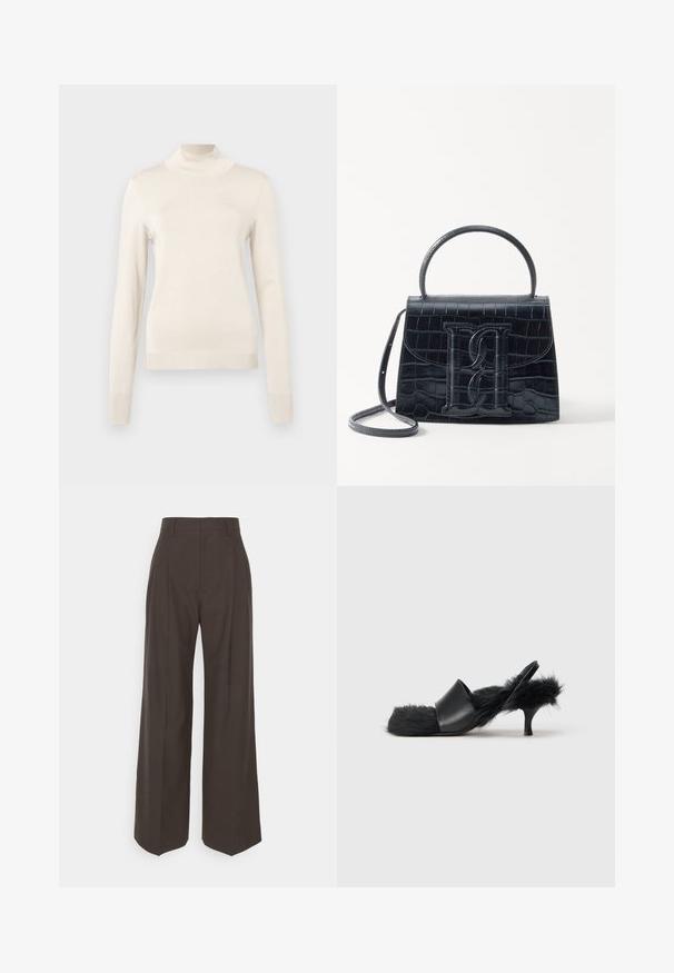 Pulover pe gât de culoare crem, fabricat dintr-un material tricotat moale, cu mâneci lungi și detalii ribbed la gât și la manșete.; Pantaloni largi de culoare maro închis, cu talie înaltă, prezentând pliante bine călcate, textură fină și o croială adaptată.; Sandale cu toc kitten negre, acoperite cu blană pufoasă pe talpă, brățara de la toc și zona de degete, având o brățară frontală din piele netedă.; Geantă din piele cu model de crocodil negru, cu un design structurat, mână superioară, curea ajustabilă și un detaliu proeminent cu logo pe față.