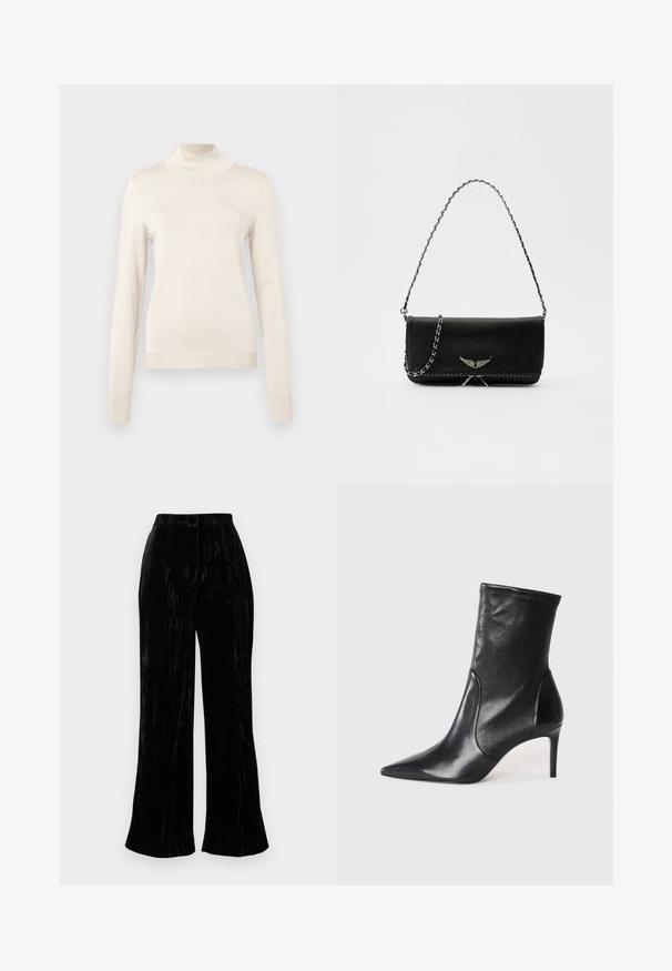 Cremefarvet turtleneck sweater lavet af blødt strikstof, med lange ærmer og ribbede detaljer ved halsen og manchetterne.; Sorte fløjls brede bukser med en blød tekstur, der har høj talje og subtile lodrette striber. Skræddersyet til en afslappet pasform.; Sorte ankelstøvler lavet af glat læder, med spids tå, tætsiddende skaft og en slank høj hæl. Minimalistisk design uden synligt hardware.; Sort læderhåndtaske med en sølv kædestrop, der har dekorative vingedetaljer og hvid syning langs bunden.