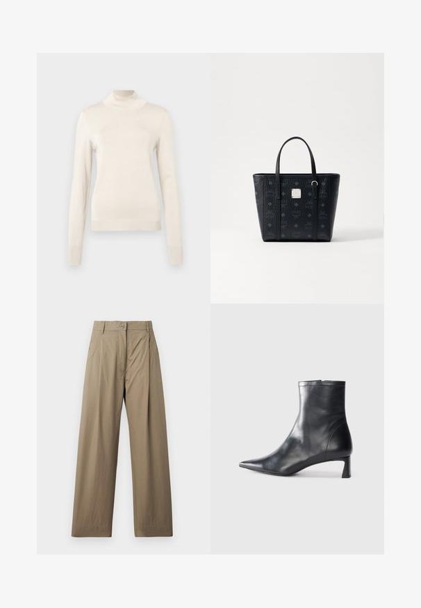 Cream-colored turtleneck sweater made of soft knit fabric, featuring long sleeves and ribbed accents at the neck and cuffs.; Khaki wide-leg trousers made of cotton blend fabric, featuring a button closure, side pockets, and a smooth texture with subtle sheen.; Black leather ankle boot with a pointed toe and a sleek design. Features a low heel and a zipper closure at the back. Smooth texture.; Black leather tote bag with textured finish, featuring dual handles and square logo accent. Monogram pattern covers the exterior.