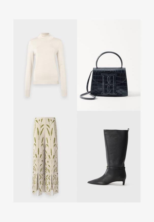 Krämsfärgad polotröja i mjukt stickat tyg, med långa ärmar och ribbade detaljer vid halsen och ärmsluten.; Vida byxor i cremefärgad tyg med gröna blommönsterbroderier. Har slitsar vid fållen och intrikata botaniska mönster.; Svart läderknähöga stövlar med spetsig tå, försedda med ett runt rem runt vristen och en låg, avsmalnande klack. Slät textur.; Svart läderhandväska med krokodilprägling, strukturerad design, topphandtag, justerbar rem och en framträdande logotypdetalj på framsidan.