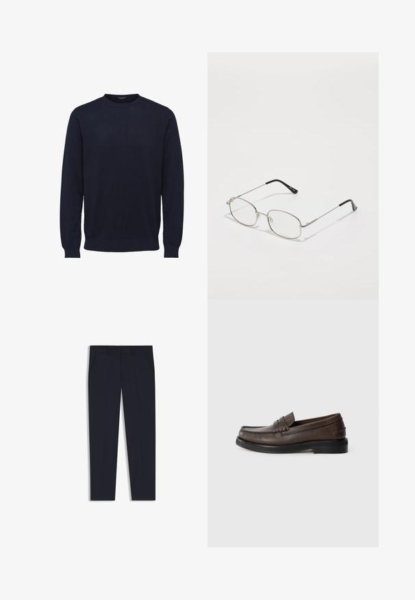 Tumedam sinise värvi pikkade varrukatega sviiter, millel on ümmargune kaelus ja mis on valmistatud pehmest kangast. Sisaldab soonikkoes varrukaotste ja hemmi, et saavutada sobiv välimus.; Tumed püksid kohandatud lõikega, millel on kaks eesmist taskut, lameda esipinna disain ja sile tekstuur. Ilma nähtavate mustrite või kaunistusteta.; Pruun nahast loafer, millel on varbaküljel õmblusega detail, lame tald ja madal virnastatud tald. Sile tekstuur ja minimalistlikud disainielemendid.; Metallraamidega prillid, ovaalse raamiga, hõbedaste äärtega ja selgete läätsedega. Õhukesed, sirged käepidemed mustade otstega, minimalistlik disain.; Mustmust kärjer, mis on valmistatud siledast materjalist, fold-over klapiga, hõbedaste kinnitustega ja reguleeritava õlarihmaga.