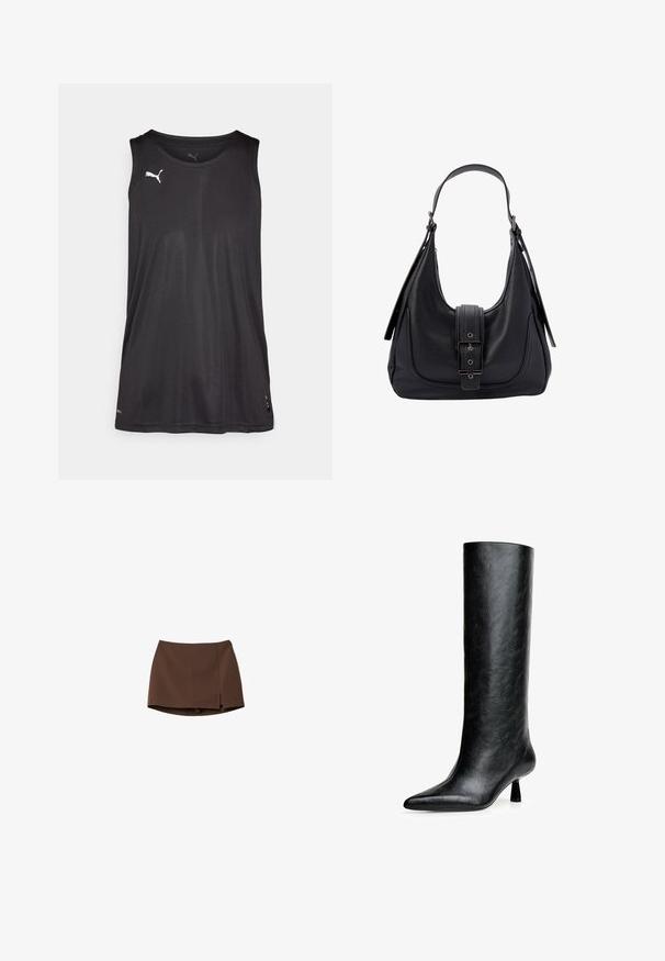 Svetlo rjavo pleteno pulover s širokim zavihkovnim ovratnikom. Ima dolge rokave in rebraste manšete. Mehak material, preprost dizajn.; Črna brezrokavna športna majica iz gladkega materiala z okroglim izrezom in belim logotipom na zgornji levi strani.; Rjava krila iz gladkega materiala, s preprosto ravno silhueto in stranskim razporkom. Enostavno oblikovanje brez vzorcev ali kovinskih detajlov.; Črne gležnjeke do kolen, narejene iz strukturirane usnje. Imajo koničast toe in majhen, razširjen peto. Eleganten, gladek dizajn z minimalnimi poudarki.; Črna usnjena torba za rame z teksturirano površino, širokim trakom in zapiranjem na ježka, ki ima pravokotno sponko in kovinske detajle.
