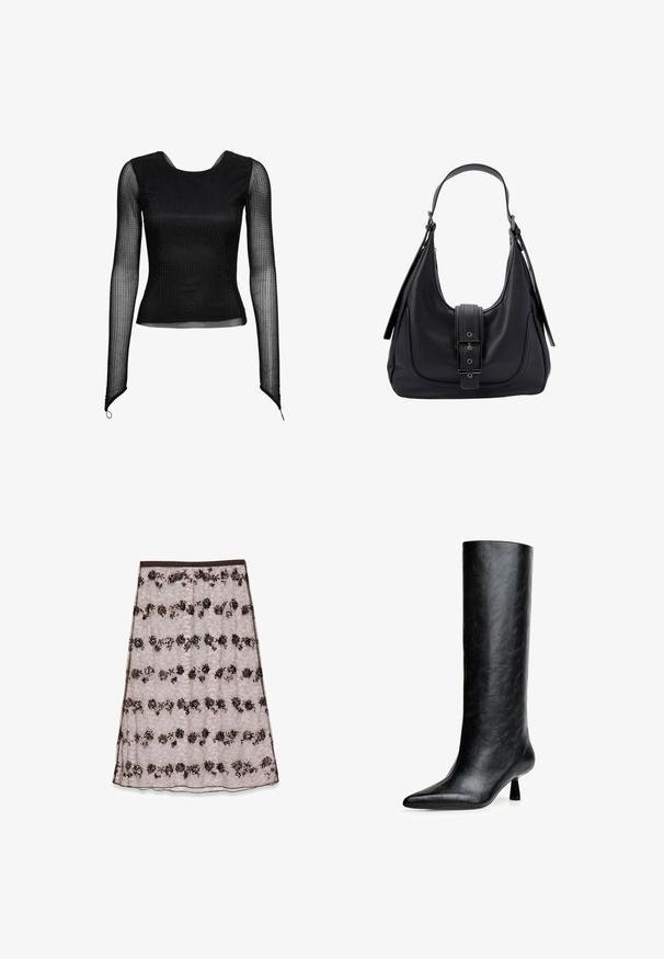 Lichtbruine gebreide trui met een brede, omgeslagen kraag. Beschikt over lange mouwen en geribbelde boorden. Zachte textuur, eenvoudig ontwerp.; Zwarte langemouwen top van doorschijnend materiaal, met een getailleerd ontwerp en een gestructureerd stippenpatroon. Ronde halslijn, slanke pasvorm.; Lace midi-rok in lichtroze met bloemenpatronen in donkerbruin en brons, voorzien van pailletten en een zachte tailleband.; Zwarte kniehoge laars gemaakt van gestructureerd leer. Heeft een spitse neus en een kleine, vloeiende hak. Strakke, gladde vormgeving met minimale accenten.; Zwarte leren schoudertas met een genubberde afwerking, een brede schouderband en een tabsluiting met een rechthoekige gesp en metalen accenten.