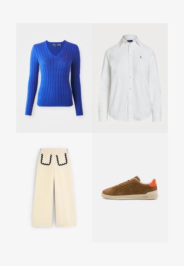 Pull en tricot bleu avec un col en V, des manches longues et un ourlet côtelé. Présente un petit logo rouge de polo sur la poitrine gauche.; Chemise blanche à manches longues en coton, avec un col classisque et un petit logo brodé sur la poitrine. Tissu texturé.; Pantalons jaunes à jambes larges avec une finition texturée. Présente un passepoil en rickrack marin contrastant sur les bords des poches et les coutures latérales.; Baskets en daim marron avec une semelle en caoutchouc crème, présentant des accents orange au niveau du talon et un petit logo sur le côté.