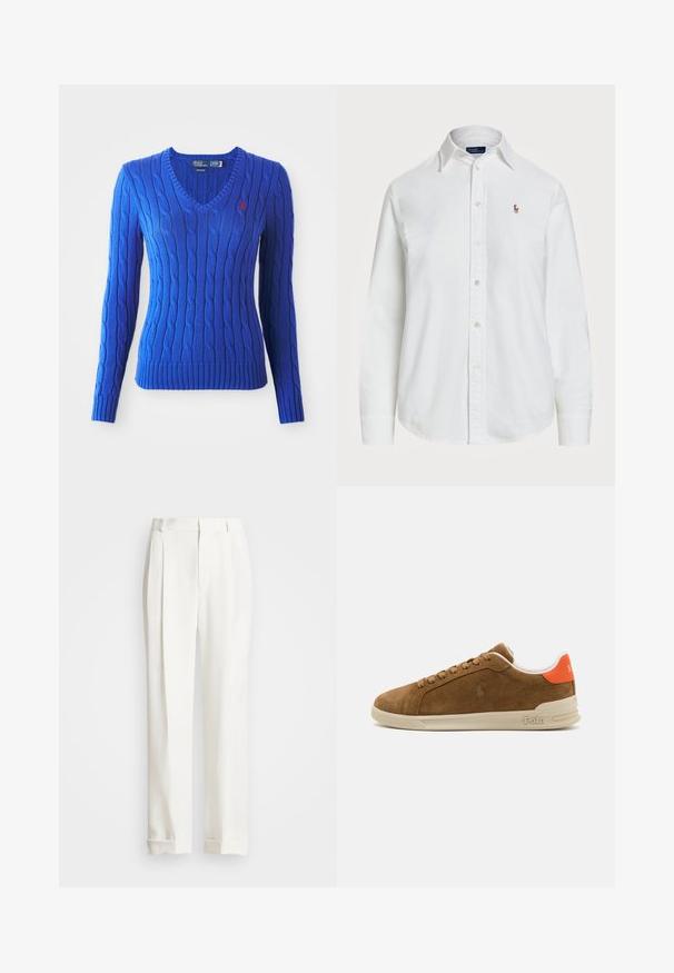 Niebieski sweter w splot wyciągany z dekoltem w literę V, długimi rękawami i ściągaczem u dołu. Posiada małe, czerwone logo polo na lewej piersi.; Biała koszula z długim rękawem wykonana z bawełny, z klasycznym kołnierzykiem i małym haftowanym logo na piersi. Teksturowana tkanina.; Białe spodnie o dopasowanym kroju z dwoma zmarszczkami z przodu, prostą nogawką i zawiniętymi mankietami. Wykonane z gładkiego materiału, o klasycznym wzornictwie.; Brązowe zamszowe sneakersy z kremową gumową podeszwą, z pomarańczowymi akcentami na pięcie oraz małym detalem z logo z boku.