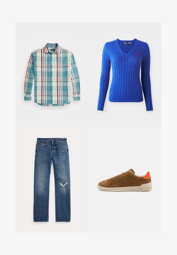 Niebieski sweter w splot wyciągany z dekoltem w literę V, długimi rękawami i ściągaczem u dołu. Posiada małe, czerwone logo polo na lewej piersi.; Koszula z guzikami, wykonana z tkaniny tkanej, o wzorze w kratę w kolorze turkusowym, kremowym, granatowym i czerwonym. Posiada kołnierzyk typu spread oraz długie rękawy.; Niebieskie dżinsy z średnim stanem, pięcioma kieszeniami i postrzępionym przetarciem na prawym kolanie.; Brązowe zamszowe sneakersy z kremową gumową podeszwą, z pomarańczowymi akcentami na pięcie oraz małym detalem z logo z boku.