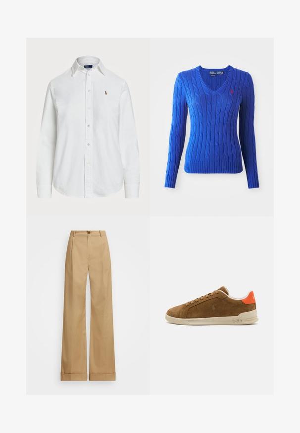 Jersey azul de punto trenzado con cuello en V, mangas largas y dobladillo acanalado. Presenta un pequeño logo de polo rojo en el lado izquierdo del pecho.; Camisa blanca de botón hecha de algodón con cuello clásico, mangas largas y un pequeño logo bordado en el pecho. Tejido texturizado.; Pantalones de pierna ancha beige con cierre de botón, que presentan una textura suave y pliegues planchados. Dobladillos con puños para un detalle adicional.; Zapatillas de ante marrón con una suela de goma crema, que presentan acentos naranjas en el talón y un pequeño logo en el lateral.