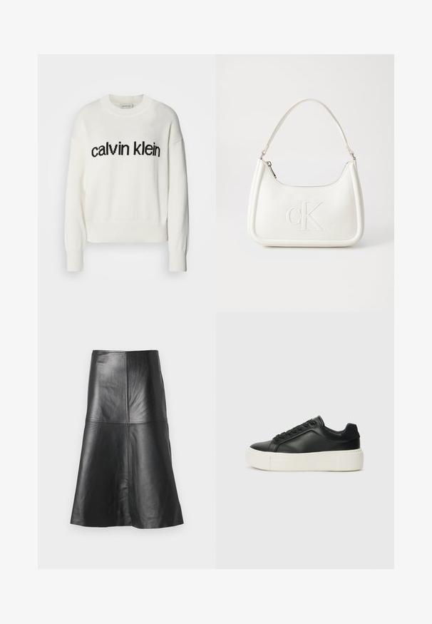 Valge kudum, millel on ümmargune kaelus ja pikad varrukad, ees must "calvin klein" logo. Pehme tekstuur, lühike lõige.; Mustast nahkast A-lõikega seelik, millel on õmblused ja sile tekstuur, kitsenev allapoole. Lihtne disain, ilma lisakaunistusteta.; Must musta sneaker ümarate varvastega, valge platvormi tallaga ja mustade paeltega. Omab diskreetset logo kandadel ja sileda tekstuuriga.; Valge nahast käekott, millel on kumer kuju, esiküljel on reljeefne "CK" logo ja üks õlavarre rihm. Ülemine tõmblukkuu.