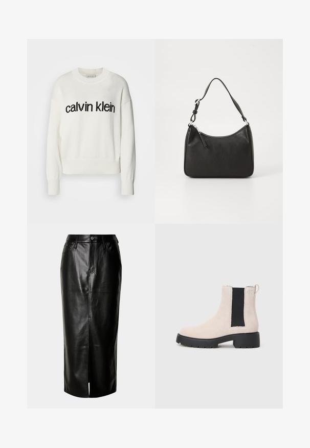 Bela pletena pulover s okroglim izrezom in dolgimi rokavi, ki ima črni logotip "calvin klein" čez prsni del. Mehka tekstura, skrajšan kroj.; Črna usnjena midi krila z ravnim krojem, sprednjim razporkom in klasičnim pet-žepnim dizajnom z kovinskimi detajli.; Bež usnjeni Chelsea škorenj s črnim elastičnim stranskim panelom, masivnim črnim podplatom in zanka na gležnju.; Črna usnjena torba za roke s ukrivljenim oblikom, enim trakom, zadrgo in diskretnim blagovnim znamkom na sprednjem delu. Gladka tekstura, minimalističen dizajn.