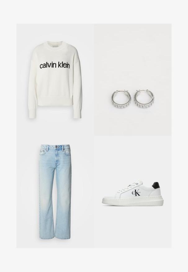 Bela pletena pulover s okroglim izrezom in dolgimi rokavi, ki ima črni logotip "calvin klein" čez prsni del. Mehka tekstura, skrajšan kroj.; Svetlo modri široki kavbojki iz denima, s klasičnim pet-pocket dizajnom in subtilno zblodenim vzorcem. Vidna šivanka iz denima.; Bele nizke superge z črnim hrbtnim delom, platformo, vezalkami in Calvin Klein "CK" logotipom na strani.; Srebrni obroči s teksturiranim dizajnom, ki vsebuje navpične rebraste vzorce. Krožna oblika z varnim zapiranjem na zaponko. Gladek zaključek.