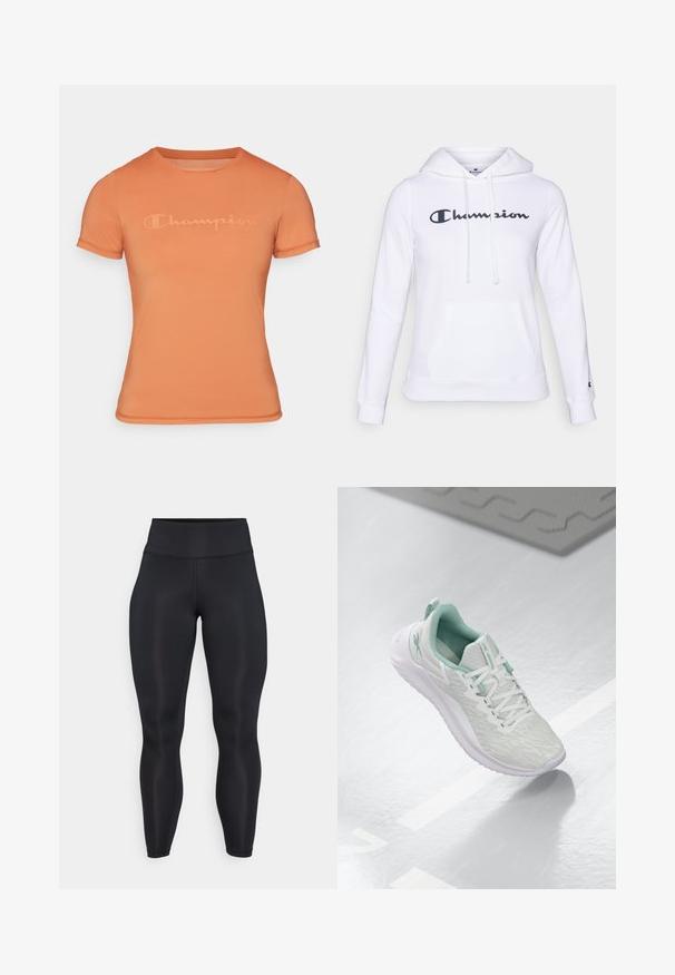 Biała bluza w kapturze wykonana z mieszanki bawełny, z przednią kieszenią i regulowanym kapturem. Czarny nadruk "Champion" z przodu. Miękka faktura.; Pomarańczowa koszulka z krótkim rękawem, wykonana z gładkiego materiału, z dyskretnie wytłoczonym logo "Champion" z przodu oraz okrągłym dekoltem.; Czarne legginsy o wysokim staniefull-length, wykonane z gładkiego materiału, z widocznymi detalami szwów na przodzie i w pasie.; Jasnoszare buty sportowe z teksturowaną dzianiną, miętowymi akcentami, białymi sznurowadłami, gumową podeszwą i uchwytem na pięcie.