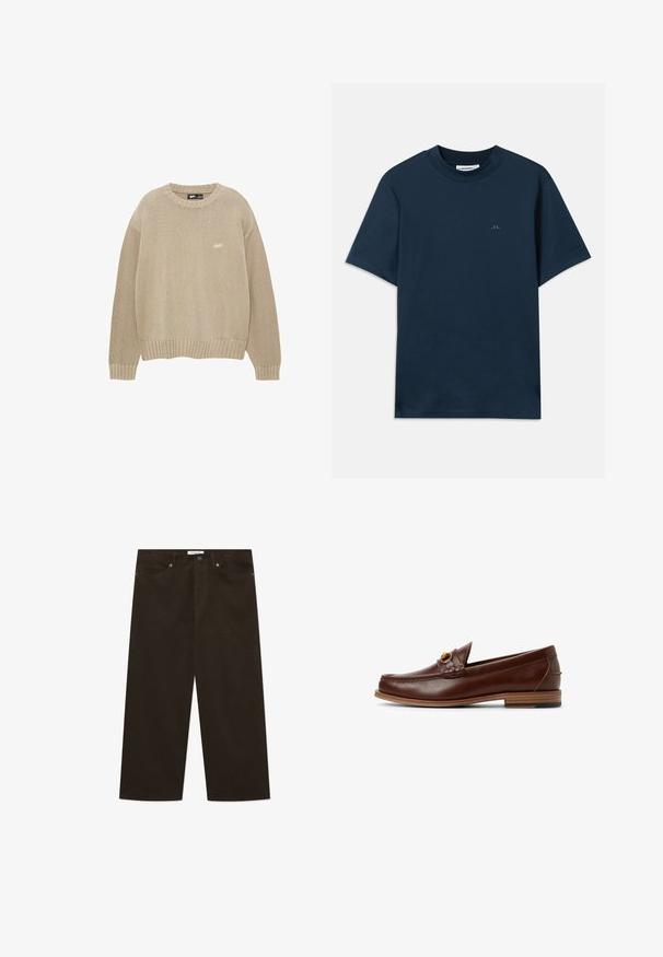 Beige stickad tröja med rund halsringning, ribbade muddar och nederkant. Har ett strukturerat mönster på ärmarna och en liten logotyp på bröstet.; Marinblå bomulls t-shirt med rund hals, kort ärm och en diskret logotyp tryckt på bröstet. Slät textur och klassisk passform.; Bruna kordflorsbyxor med vida ben, med vertikal ribbad struktur, framknäppning och vanliga fickor.; Bruna läder loafers med ett vävt detaljer och en guldaccent. Platt träklack med svart gummigrepp. Slät textur, klassisk design.