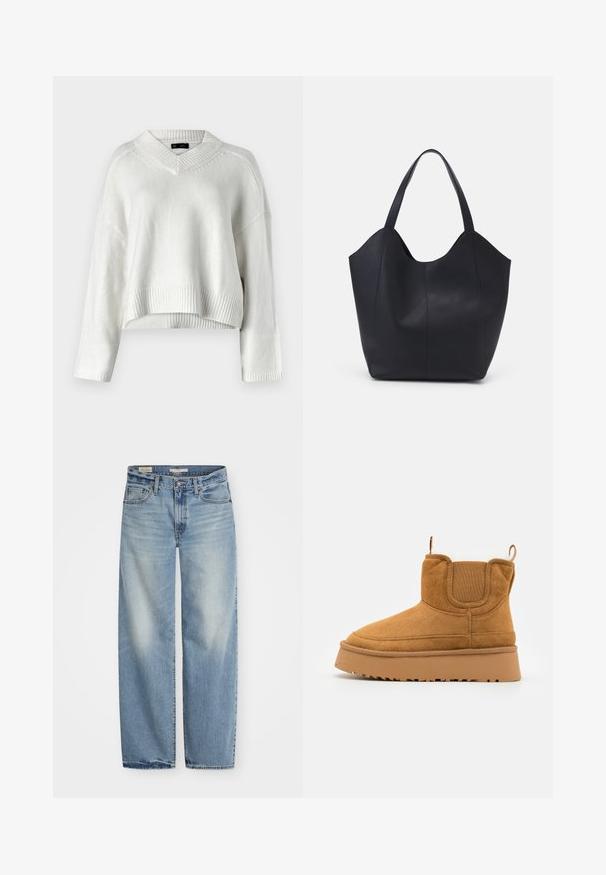 Pull blanc court avec un col en V, ourlet côtelé et manches longues. Fabriqué en matière tricotée douce et texturée. Design simple et polyvalent.; Jeans large en denim bleu clair. Comprend un bouton et une fermeture éclair, cinq poches, et une finition délavée avec un ourlet légèrement usé.; Bottine en daim marron avec un dessus texturé, des panneaux élastiques sur les côtés, et une semelle en caoutchouc épaisse présentant un motif de crampons prononcé.; Sac fourre-tout noir en cuir lisse, doté d'un haut ouvert et courbé avec deux brides d'épaule et un design minimaliste.